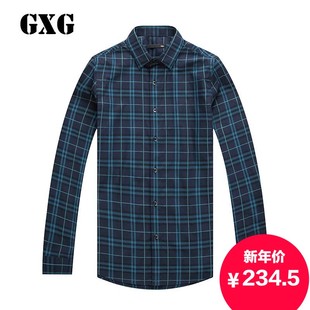 GXG男装长袖衬衣 春季新款男士时尚蓝黑格绅士格纹衬衫#53203004