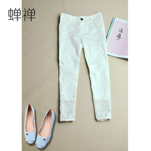 夏季新款韩版显瘦白色蕾丝小脚裤 弹力大码休闲 女七分裤 薄