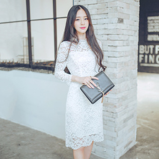 2016年韩版立领拉链一步裙高腰九分袖蕾丝修身连衣裙