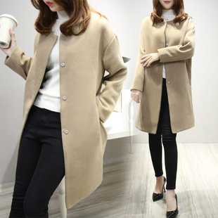 2015冬装新款韩版中长款修身显瘦气质毛呢大衣通勤纯色毛呢外套女