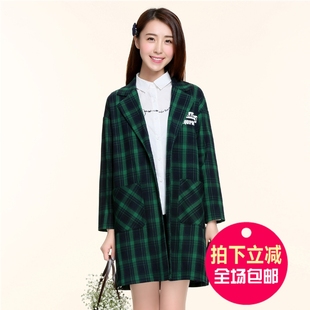 韩版宽松格子风衣品牌少女春秋装14-16-20岁高中大学生中长款外套
