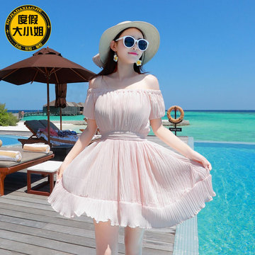 夏季新款波西米亚韩版连衣裙纯色海边度假荷叶边修身连衣裙沙滩裙