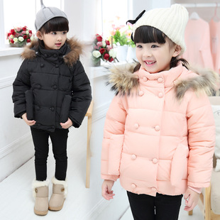 2015新款 棉服纯色加厚女童连帽绿色实拍 黑色模特韩版小孩衣服