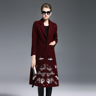 2016秋冬女装 高档电脑刺绣气质长款外套大码高端羊绒羊毛呢大衣