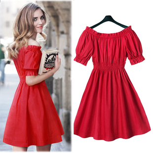 2015夏装欧美大码女装性感显瘦一字领露肩泡泡短袖红色蓬蓬连衣裙