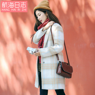 2015冬新款格子羊毛呢子外套女中长款韩版宽松加厚毛呢大衣女装