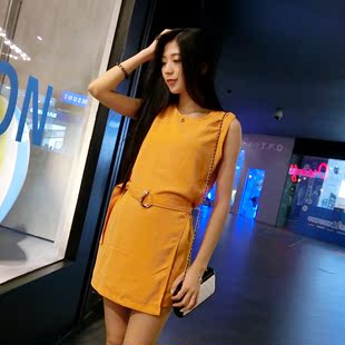 2015夏季新品 韩版收腰不规则设计 无袖雪纺连衣裙