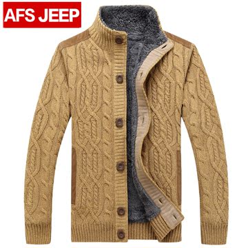AFS JEEP毛衣男针织衫开衫立领厚款纯色2015冬装新款中年大码男装