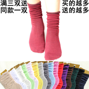 糖果色纯棉红色卷边堆堆袜子女韩国短靴黑白中筒袜秋冬孕妇打底袜