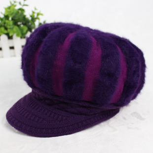 新款女士兔毛条纹鸭舌帽 秋冬季双层加绒针织帽 保暖护耳毛线帽子