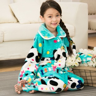 熊猫法兰绒女童家居服套装 冬季珊瑚绒儿童睡衣 女孩大童宝宝加厚