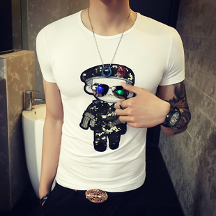 拍拍发光夜店潮流韩版个性快手夏季男个性潮流修身半截袖短袖T恤