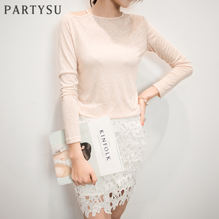 partysu2015秋季新款韩版针织打底衫女长袖空调衫薄款紧身体恤