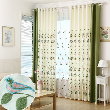 田园客厅卧室亚麻宜家棉麻窗帘成品小清新布料定制绿色绣花落地窗