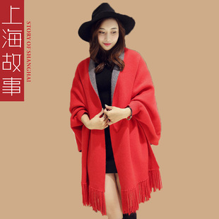 上海故事高档新款貂绒大披肩带袖子女士冬季加厚加大羊绒斗篷披风