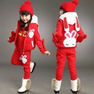 童装女童秋冬季套装儿童卡通兔子大卫衣三件套中大童加厚加绒套装