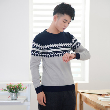 新款男士韩版修身毛衣  潮青少年针提花菱形针织衫线衣男