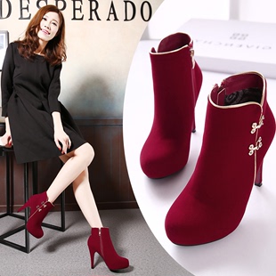 韩版秋冬新品中高跟短靴性感细跟低筒靴百搭骑士女靴子红色婚鞋