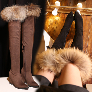 2015秋冬季新款爆款及过膝长靴瘦腿弹力靴尖头内增高坡跟女靴加绒