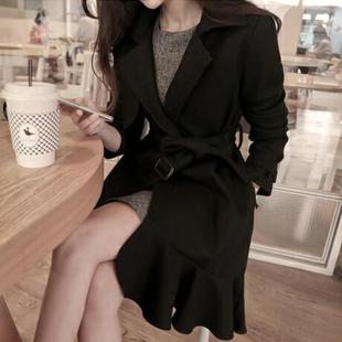 韩国代购女装11am2015秋冬新款纯色西装领荷叶边中长款外套风衣