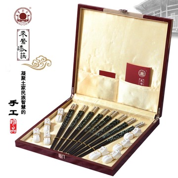 8双经典普贝戴头漆筷 经典木盒装 皮雕高档礼盒筷子手工珍品包邮