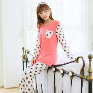 韩国新款秋冬季女士莫代尔长袖睡衣套装可爱小猫印花莫代尔家居服
