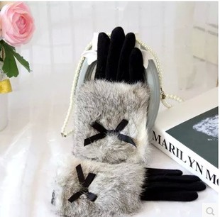 爆款包邮 秋冬韩版女士羊毛羊绒手套加绒加厚兔毛口保暖双层手套