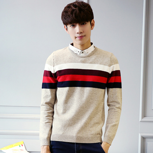 青少年薄款假两件毛衣男韩版学生衬衫领长袖套头针织衫秋冬季外套