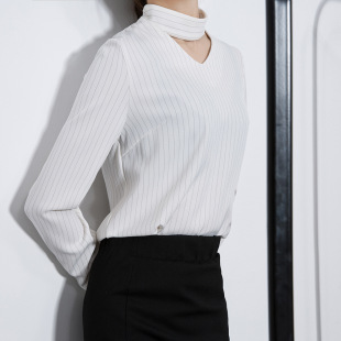 韩版春装新款简约百搭时尚OL气质宽松打底衫女V领长袖竖条纹衬衫