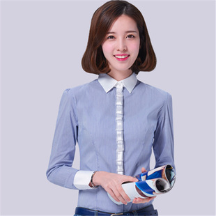 女长袖衬衫衣职业上衣韩版修身显瘦大码女式条纹插色工作服2016年