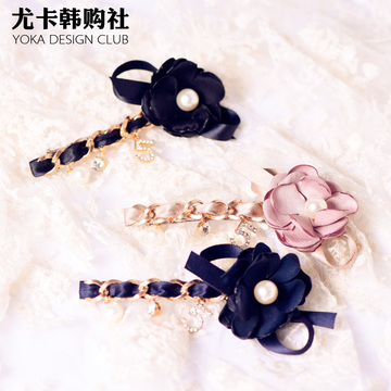 韩国东大门代购小香风花朵复古金属链条珍珠韩式发夹弹簧夹头饰品