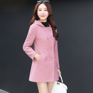 2016冬季新款韩版大码女装时尚连帽双排扣呢子大衣中长款毛呢外套