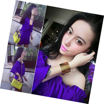 Aim秀 2014夏装新款 欧美时尚性感一字领露肩百褶诱惑紫连衣裙