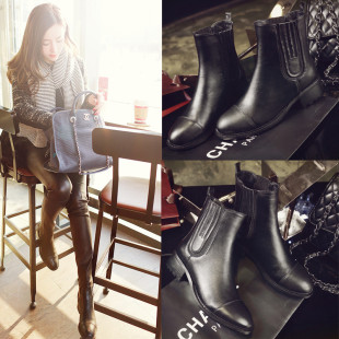 韩版短靴2015秋冬新款真皮套筒马丁靴潮女鞋圆头粗跟单靴及裸靴子