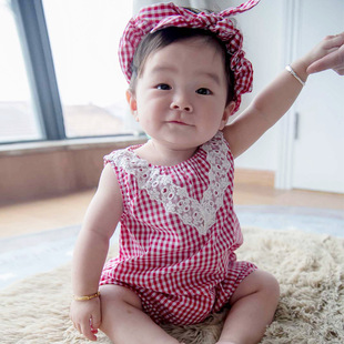 2016夏季新款婴幼儿童装爬服韩版格子无袖哈衣女宝连体衣 送发带
