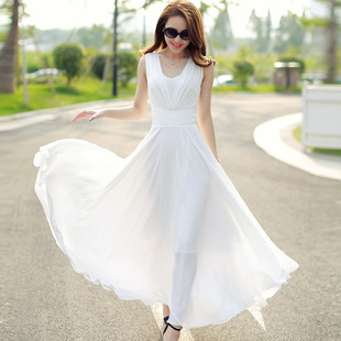 2015夏季韩系小香风 气质优雅修身显瘦雪纺连衣裙 夏天沙滩长裙子