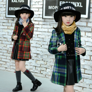 2016 冬季新款韩版 女童中大童时尚卡通格子西装外套 潮 包邮童装