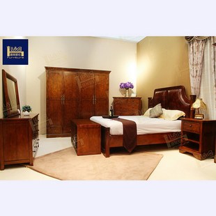 实木 美式家具 美式乡村 1.8米软包大皮床 床头柜