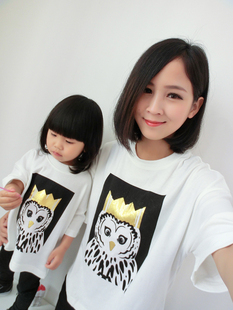 亲子装2015夏新款 韩国母女装猫头鹰短袖纯棉男女儿童宝宝t恤