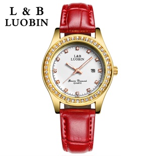 luobin罗宾品牌手表女士 真皮女表正品石英表皮带手表防水钻 女表