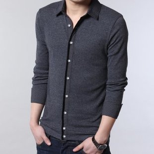 V秋季新款韩版青年男士纯棉上衣开衫长袖T恤男衬衫领男装加厚大码