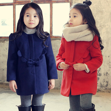 2015冬装新款品牌童装 女童棉衣中长款中大童韩版呢子外套蝴蝶结