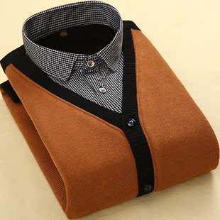 2015冬季男士加绒加厚衬衫领针织衫毛衣男韩版长袖修身假两件开衫