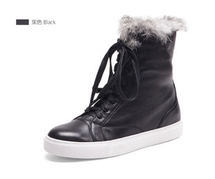 专柜 2015冬季新款圆头平跟羊皮兔毛保暖系带短靴女靴HA50407