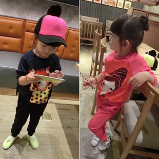 韩版女童套装2015秋装新品卡通女童印花套头时尚儿童运动套装