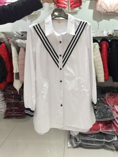麻棉Home2016春秋韩国代购款修身中长款全棉白色女式衬衫打底衬衣