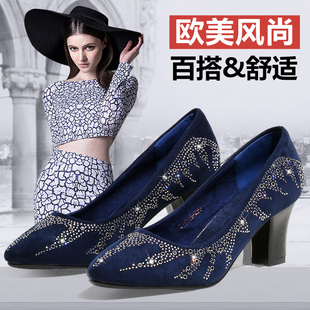 2015新款老北京女鞋春秋布鞋中跟粗跟水钻时尚尖头套脚浅口单鞋夏