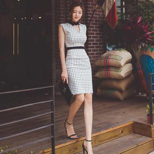 2016夏新款韩版气质女装性感镂空无袖修身拼接格子包臀连衣裙