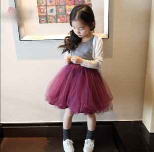 2015春装新款韩版女童网纱半身裙儿童短裙公主纯色蓬蓬裙紫米白