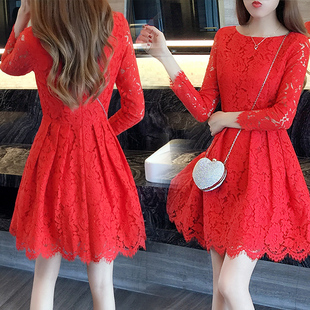 新款秋季韩版修身蕾丝裙红色气质长袖蕾丝A字连衣裙打底裙蓬蓬裙